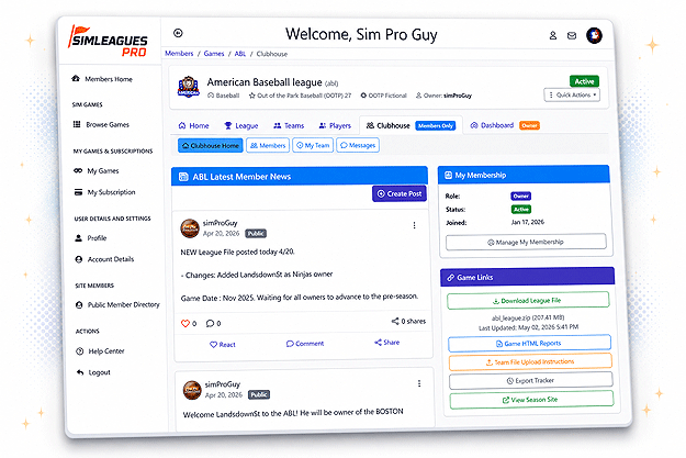 SimLeaguesPro league home showing news feed, standings, and community activity