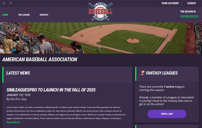 Fantasy league homepage for a sim league