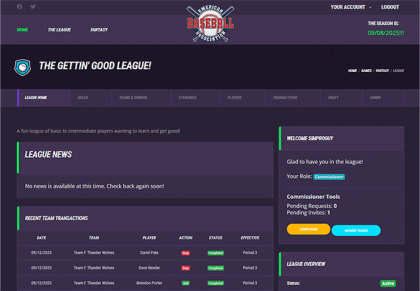 Fantasy league home dashboard showing standings and scoring