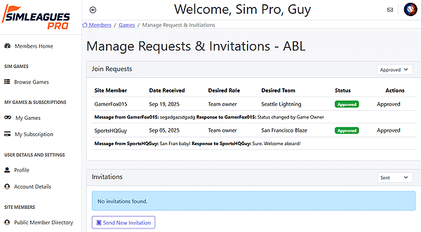 Member tools screenshot showing league join requests and team invitations