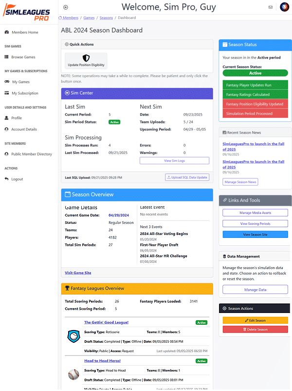 SimLeaguesPro season Management dashboard